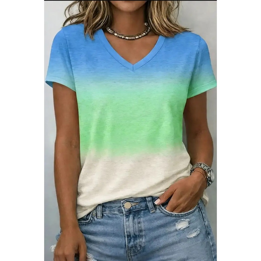 Flamingals Ombre V Neck Short Sleeve T-Shirt Green Multi 90675 XS